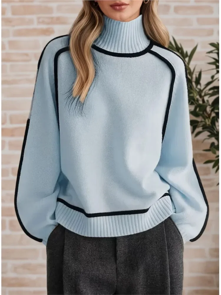 

Solid Color Turtleneck Sweater Woman's Autumn Winter Casual Fashion Splicing Loose Knitted Pullover Ladies Warm Office Sweaters