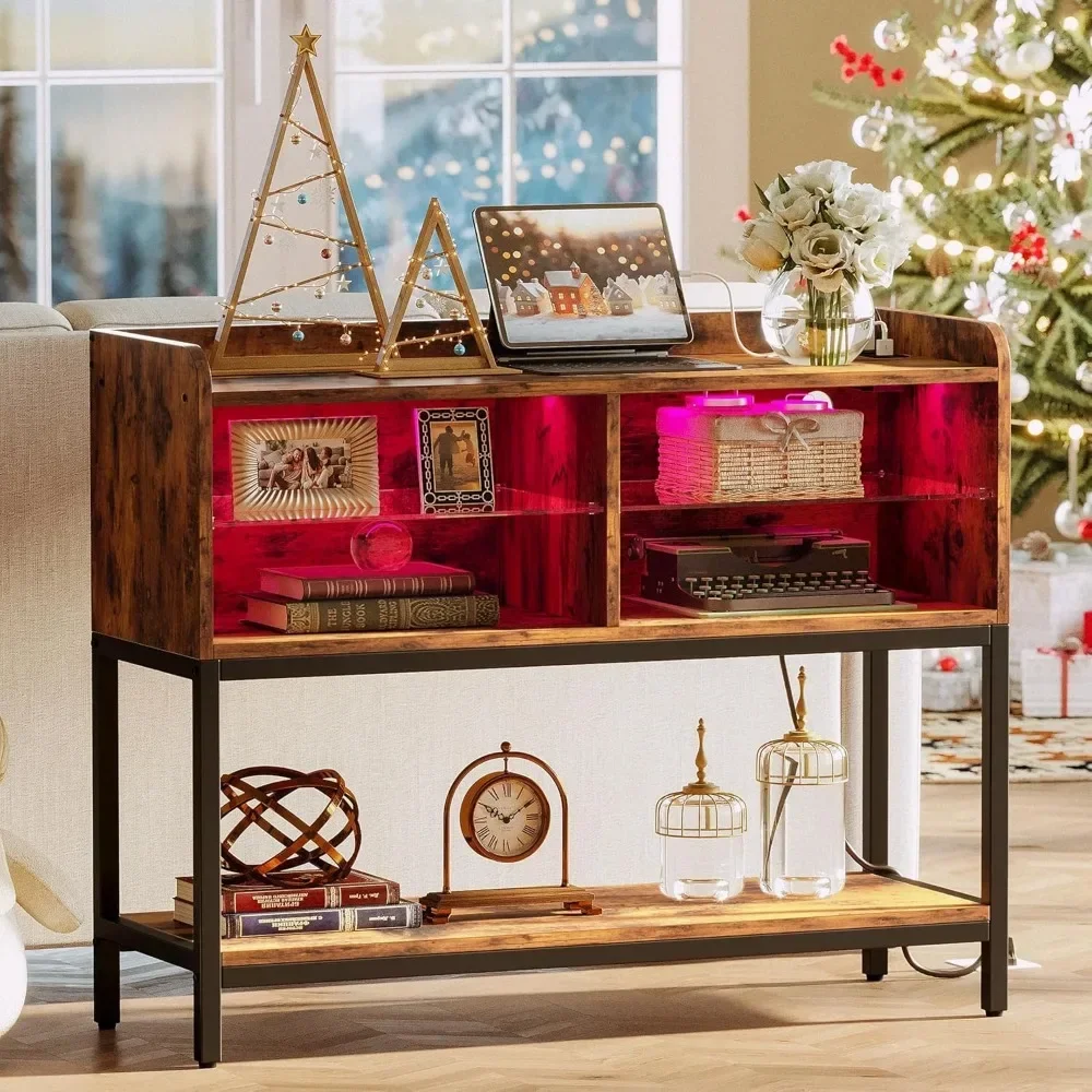 

For Table d'entrée avec bande d'alimentation et lumière LED, table de canapé avec étagères de rangement pour le salon