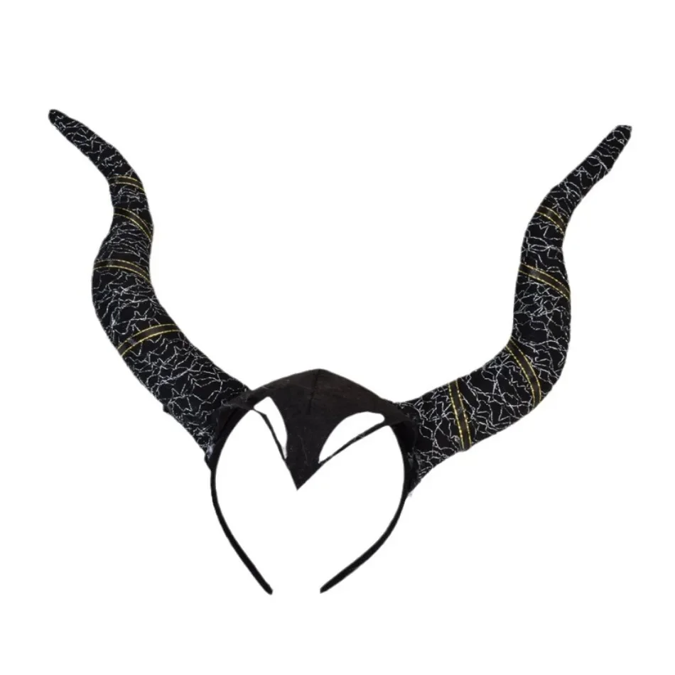 Women Kids Black Queen Demon Long Ox Horns Headwear Cosplay Evil Witch Headpiece Halloween Carnival Party Costume Hair Hoop Prop