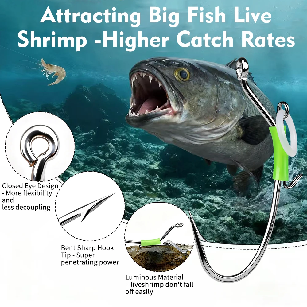 Proberos 10PCS Luminous Live Shrimp Hooks - High Carbon Steel Fishing Hooks for Freshwater Shrimp Walker