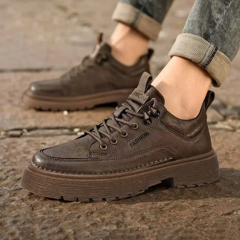 Autumn New Non‑slip Wear‑resistant Work Walking Shoes Outdoor Thick Sole Men's Sneakers Retro Height‑increasing Casual Man Shoes