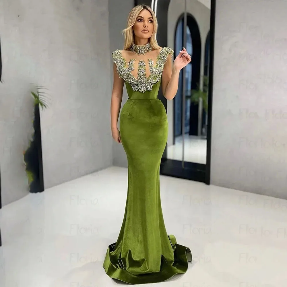 

Handmade Green Beads Crystals Velvet Evening Dress Sheer Neck Mermaid Special Occasion Dresses 2024 Celebrity Dress CL-341