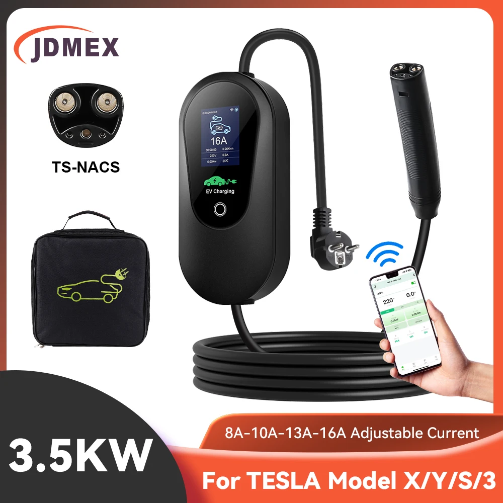 

JDMEX 3.5KW TS-NACS EV Charger Portable 5M Cable EVSE Charging With APP Control for TESLA 220V 8A-10A-13A-16A Adjustable Current