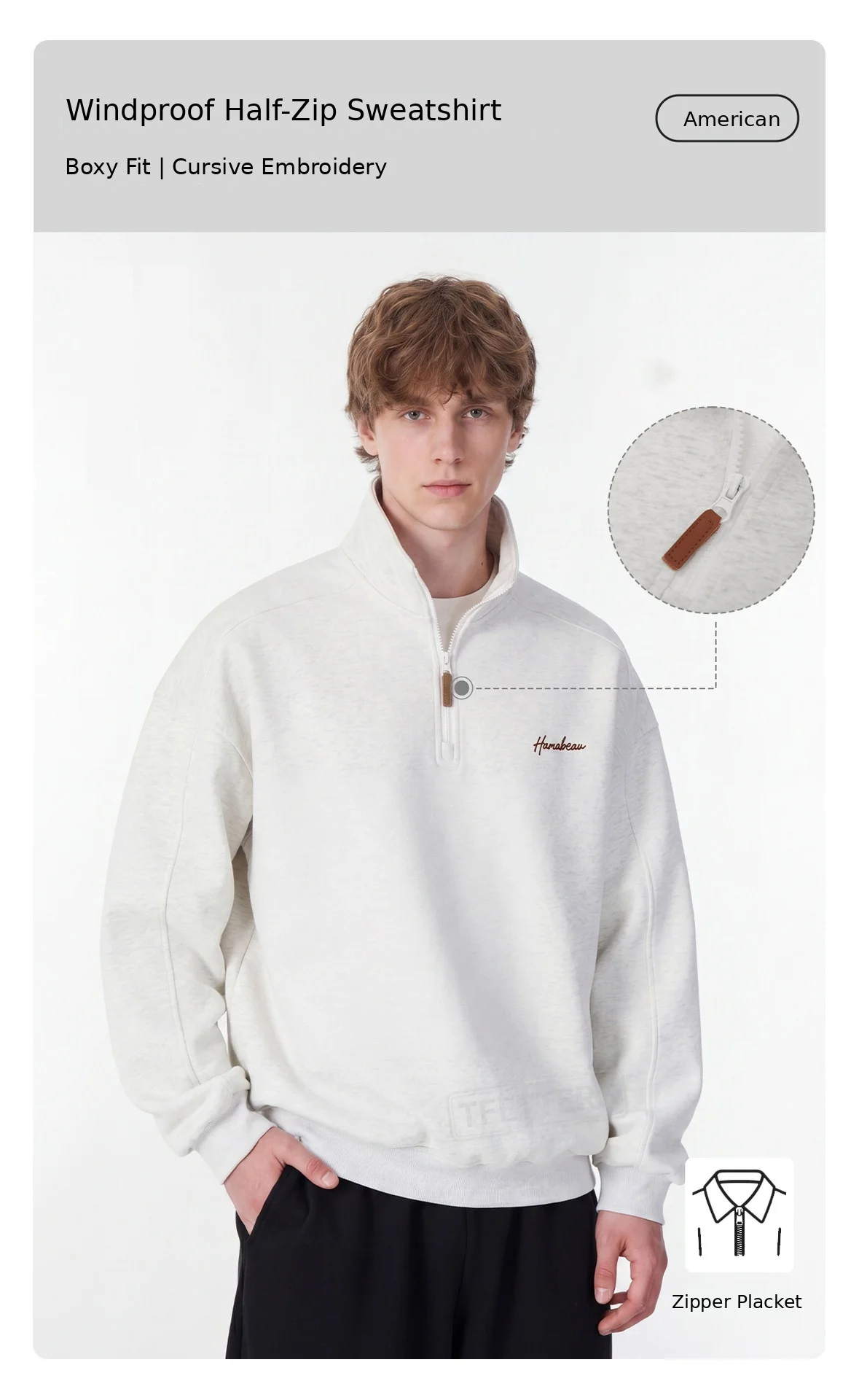 TFETTERS Fall Loose Cotton Half Zip Sweatshirt for Men Heather Gray Stand Collar Minimal Embroidered Casual Tops for Man EU SIZE