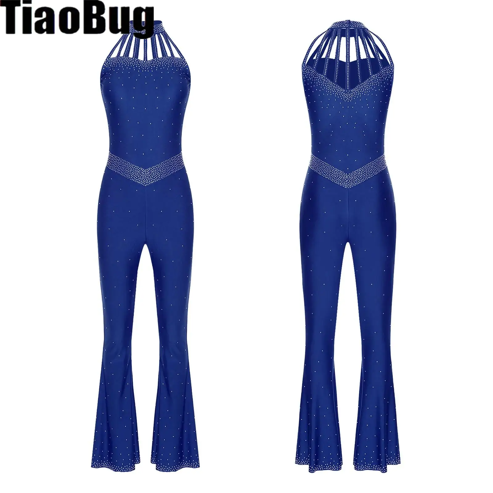 

Women Figure Skating Gymnastics Dance Jumpsuit Rhinestones Halter Neck Sleeveless Acrobatics Ballet Leotard Bell-Bottom Bodysuit
