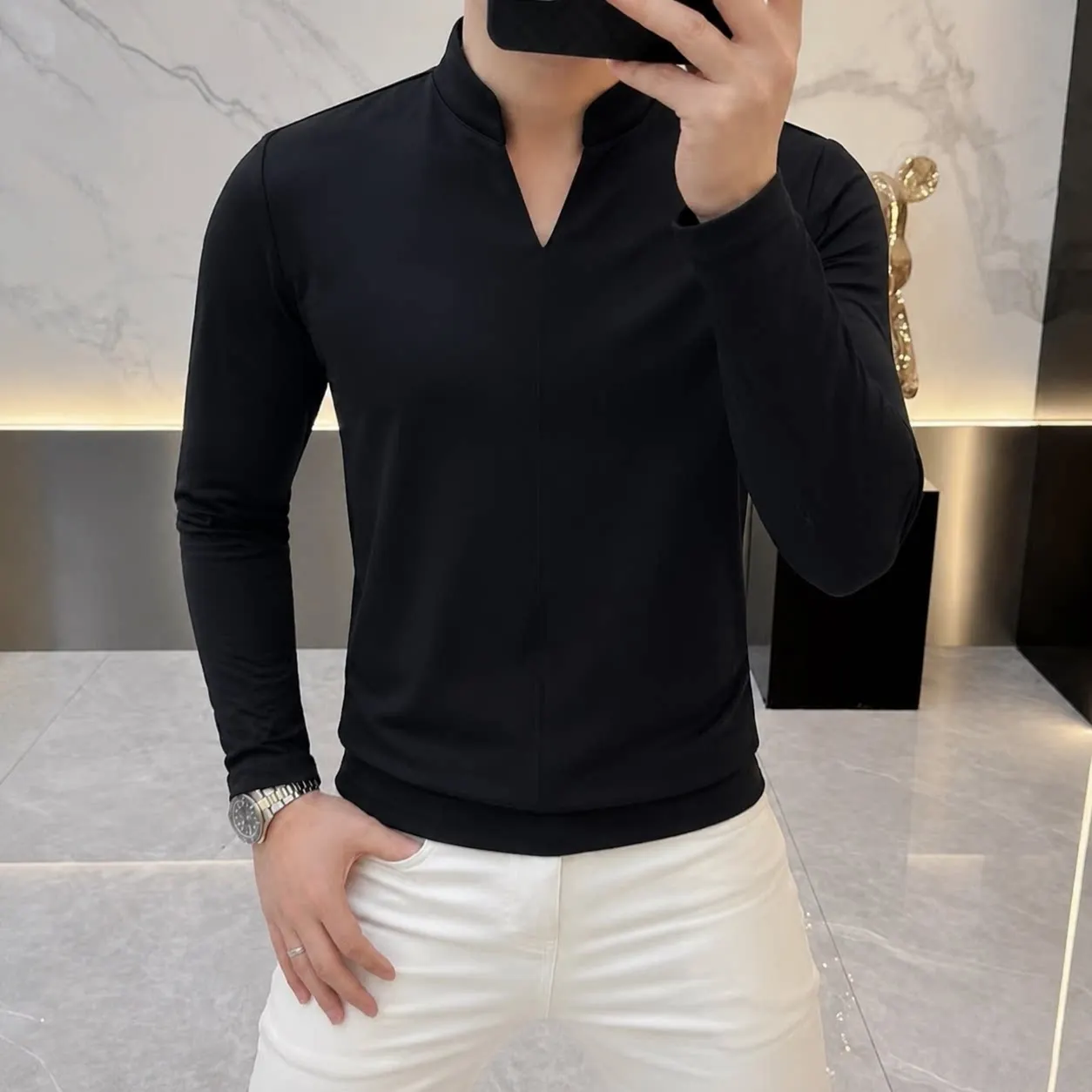 Autumn Winter V-neck Long Sleeved T-shirt for Men Solid Color Slim Fit Base Shirt Casual Business Social T-shirts Men Clothing