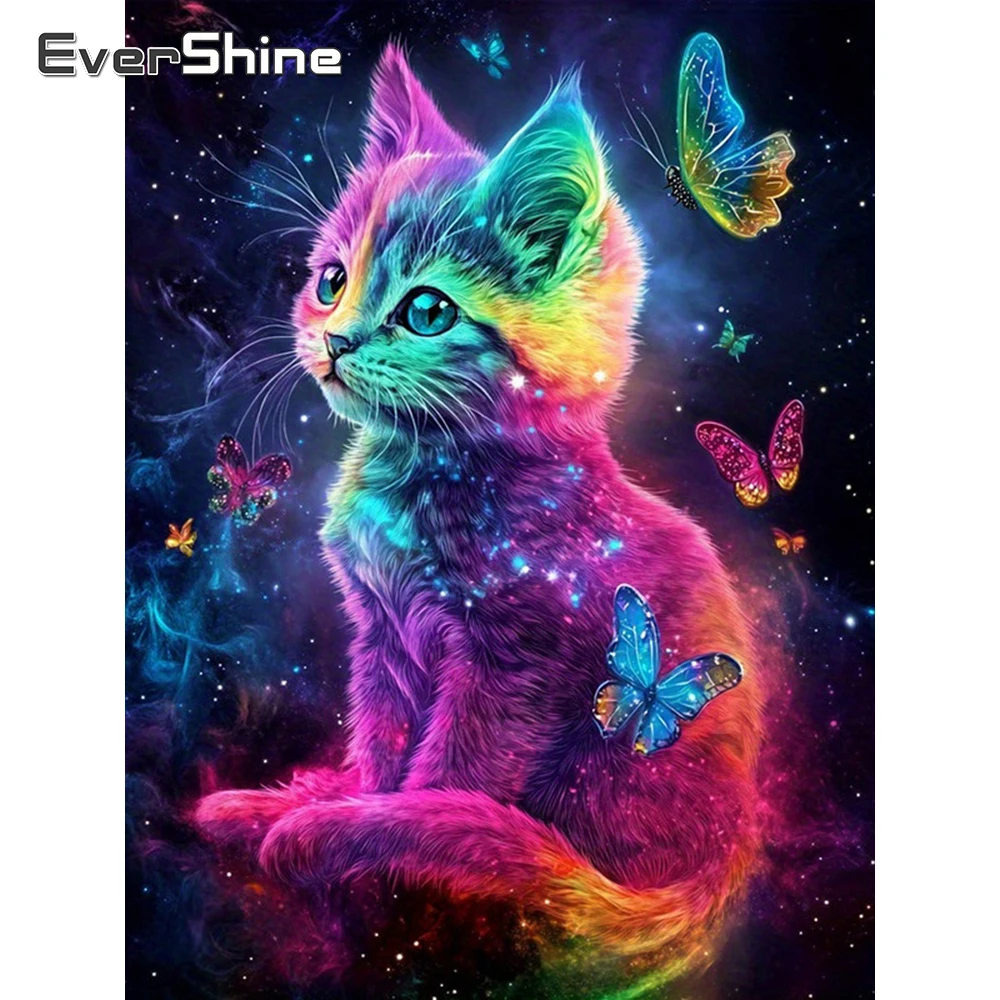 Evershine Diamant-Gemälde mit Tiermotiv, quadratisch, mit Strass-Mosaik, Katzenbild, Schmetterling, Heimdekoration