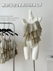 Summer Women Coquette French Vintage Camisole Chiffon Gyaru Tierred Ruffles Halter Top 2000s Aesthetic Mori Girl Solid Color New