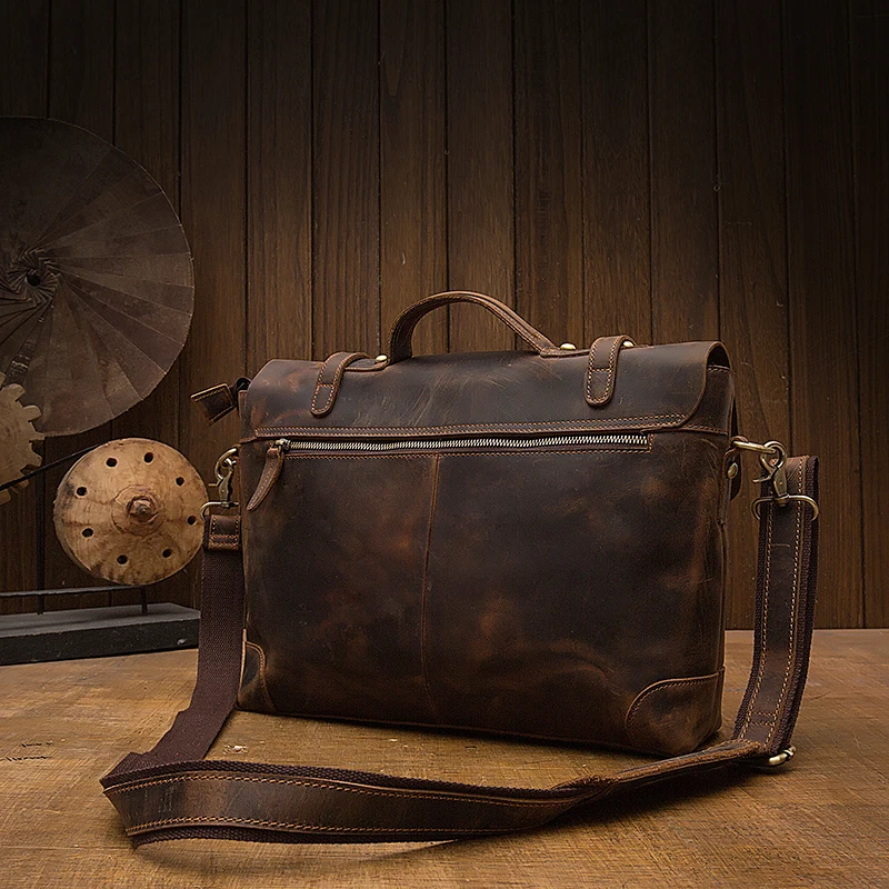 Handmade Crazy Horse Leather Shoulder Bag For Men Genuine Leather Cross body Bag Vintage Briefcase Cowhide Office Messenger Bag