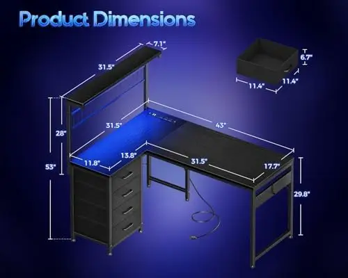 43” L Shaped Gaming Desk for Small Rooms, Compact Corner Computer Table with Shelf & Hutch, 4 Drawers, Reversible Study