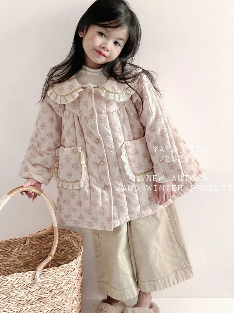 

Girls Cotton-padded Coat 2024 Winter New Girls Lace Collar Pink Floral Quilted Thin Cotton Medium Long Korean Sweet Style Coat