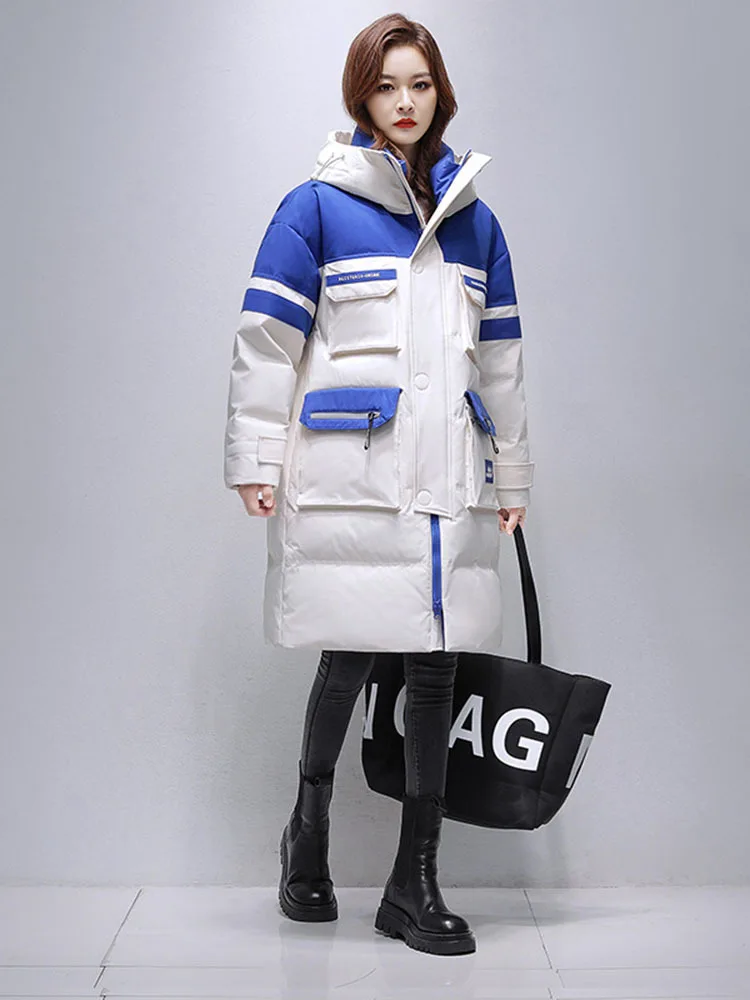 Long Down Jacket Women Thicken Winter Fashion Patchwork Color Contrast Hooded 90% White Duck Down Coat Female Parka Warm