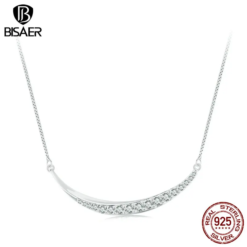 BISAER 925 Sterling Silver Moon Smiley Face Necklace Dream Pavé Setting Zircon Chain for Woman Fine Jewelry Valentine's Day Gift