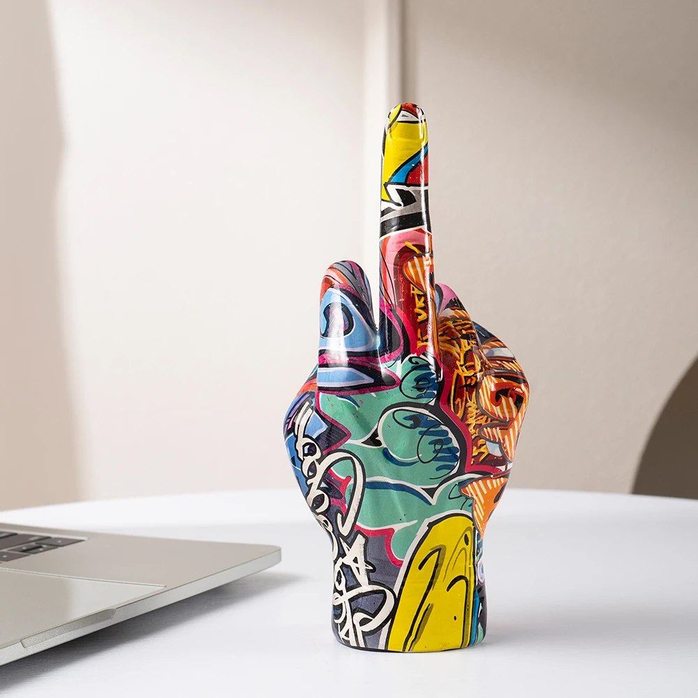 Graffiti Middle Finger Hand Gesture Resin Ornament Home Decorative Craft for Desktop Living Room Office Household Sculpture Gift