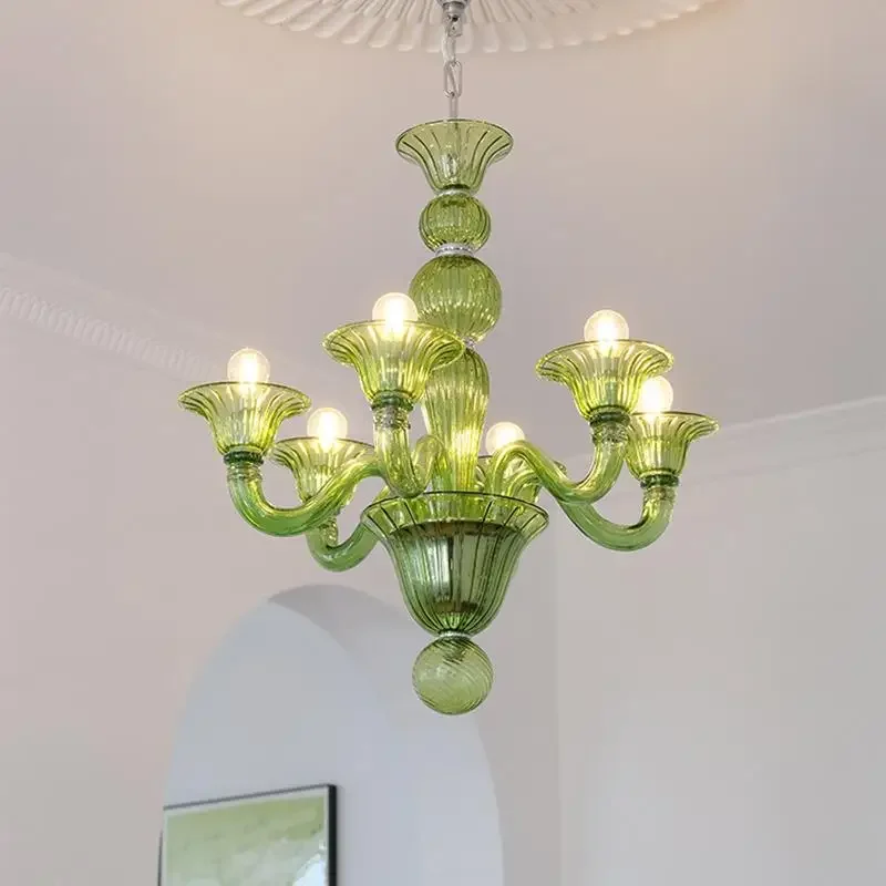 Light French elegant green candle chandelier designer medieval glass light luxury retro dining room living  bedroom