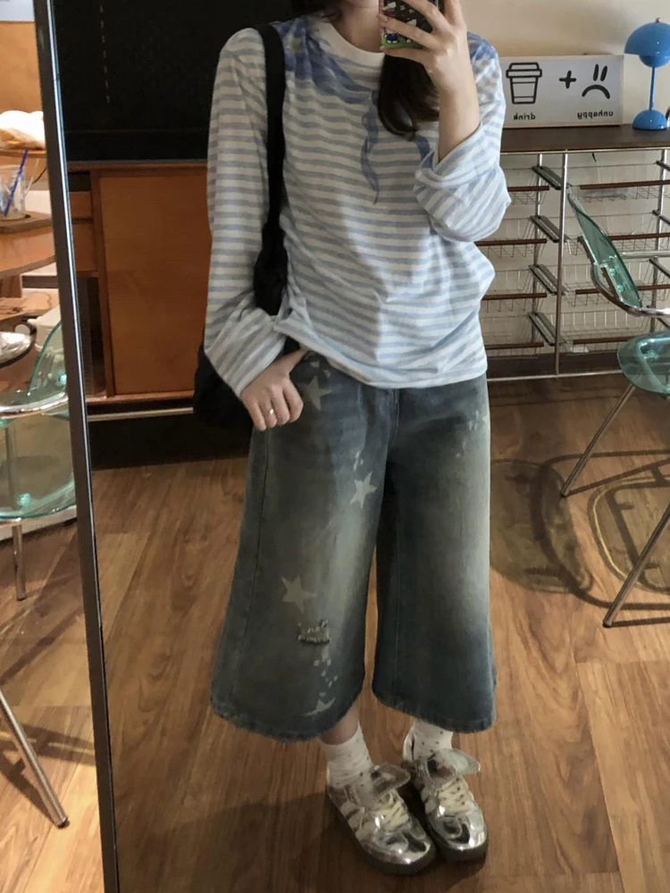 Sweet Cool Star American Style Seven-Foot Loose Wide-Leg Jeans Women Summer Slimming Lazy Jeans High Waist Hole Punching