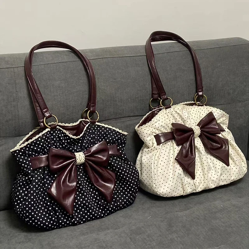 

Elegant Vintage Polka Dot Tote Bag Women PU Leather Shoulder Handbag with Bow Stylish Office & Travel Purse Black / Beige