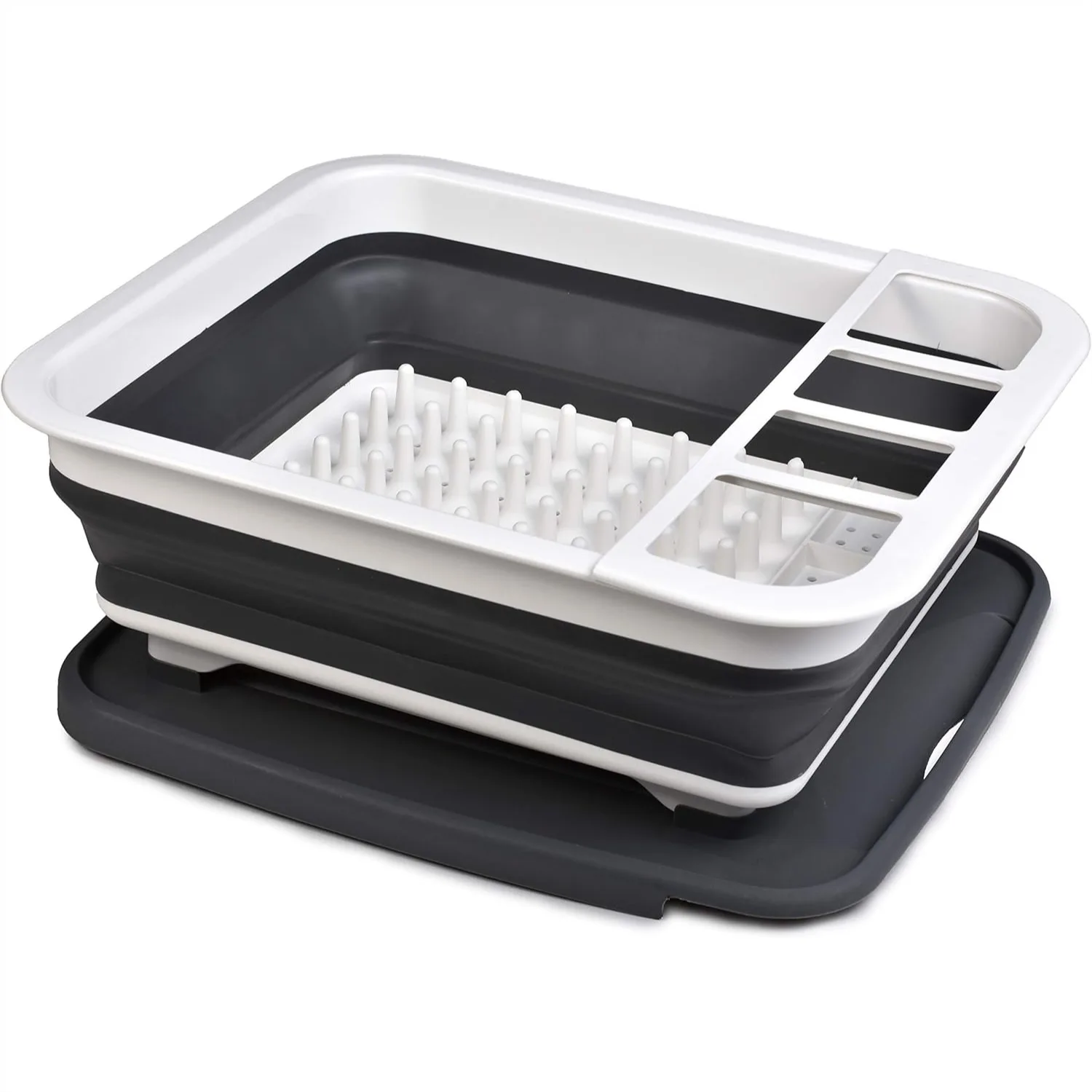 

Pop-Up Collapsible Dish Drying Rack Drains into Sink with Cutlery Compartment