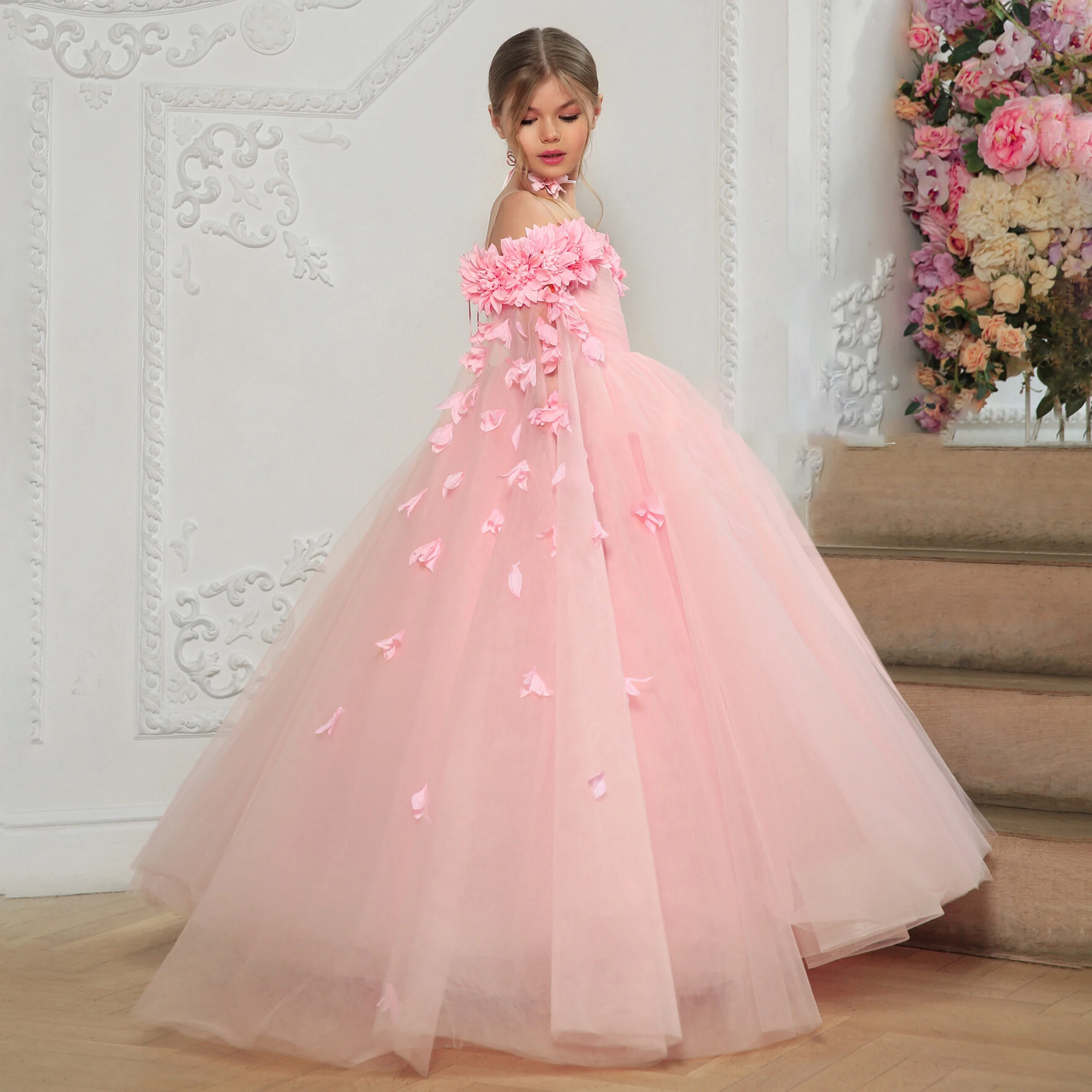 Fluffy Flower Bridemaid Girl Dresses For Wedding and Party Ball Gown Elegant Tulle Off Shoulder Birthday First Communion Dresses