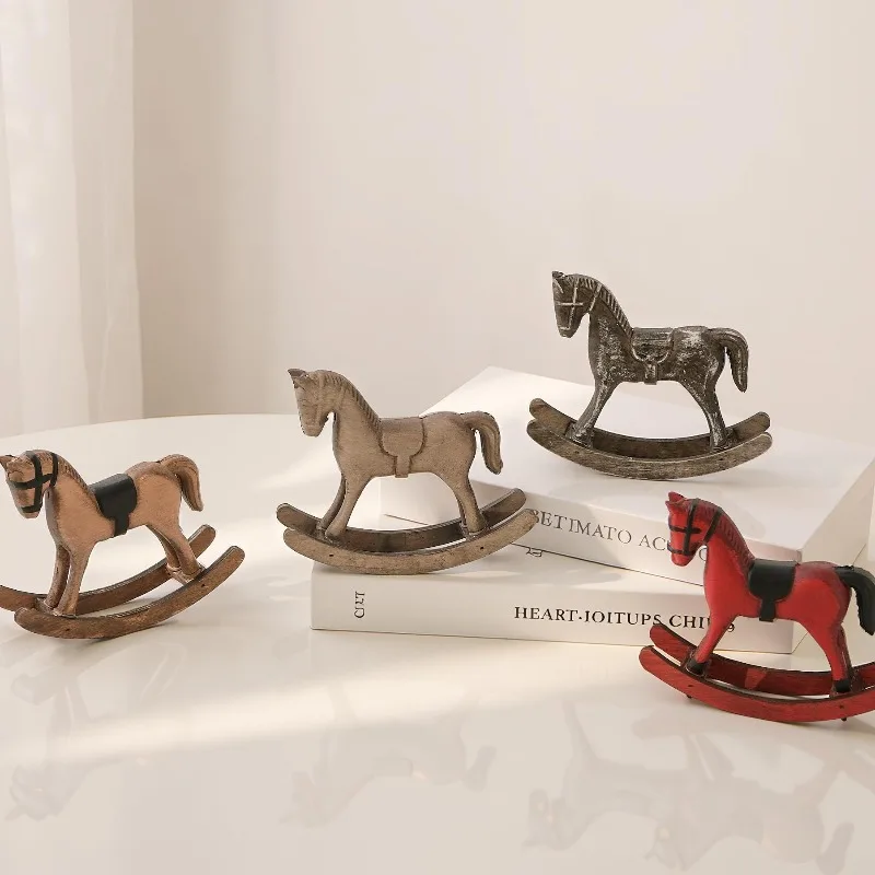 Wooden Swinging Horse Figurine, Handmade Rocking Horse Desk Decor, Vintage Home Ornament