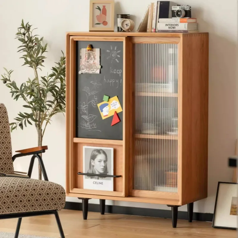 

Nordic solid wood bookcase with glass door storage locker cherry wood Japanese living room storage side cabinet