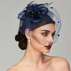 Diademas para fiesta de boda con flores, joyería para la cabeza, accesorios para tocado de novia, sombrero pequeño para mujer, diadema de plumas, velo para escenario de noche