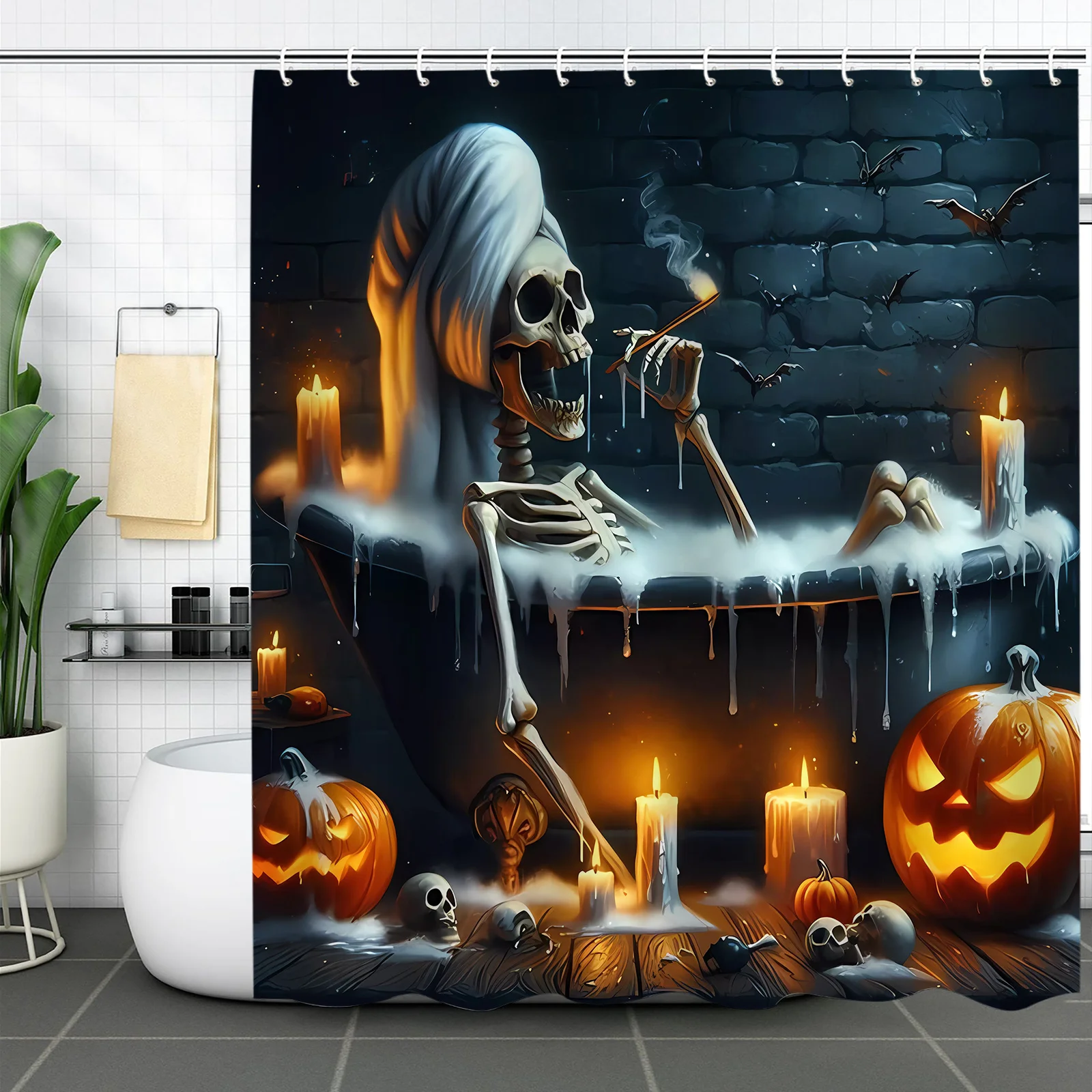 Halloween Skeleton Tub Shower Curtain, Fog-Proof Polyester, Dripping Candles & Jack-o'-Lanterns, All-Season Decor
