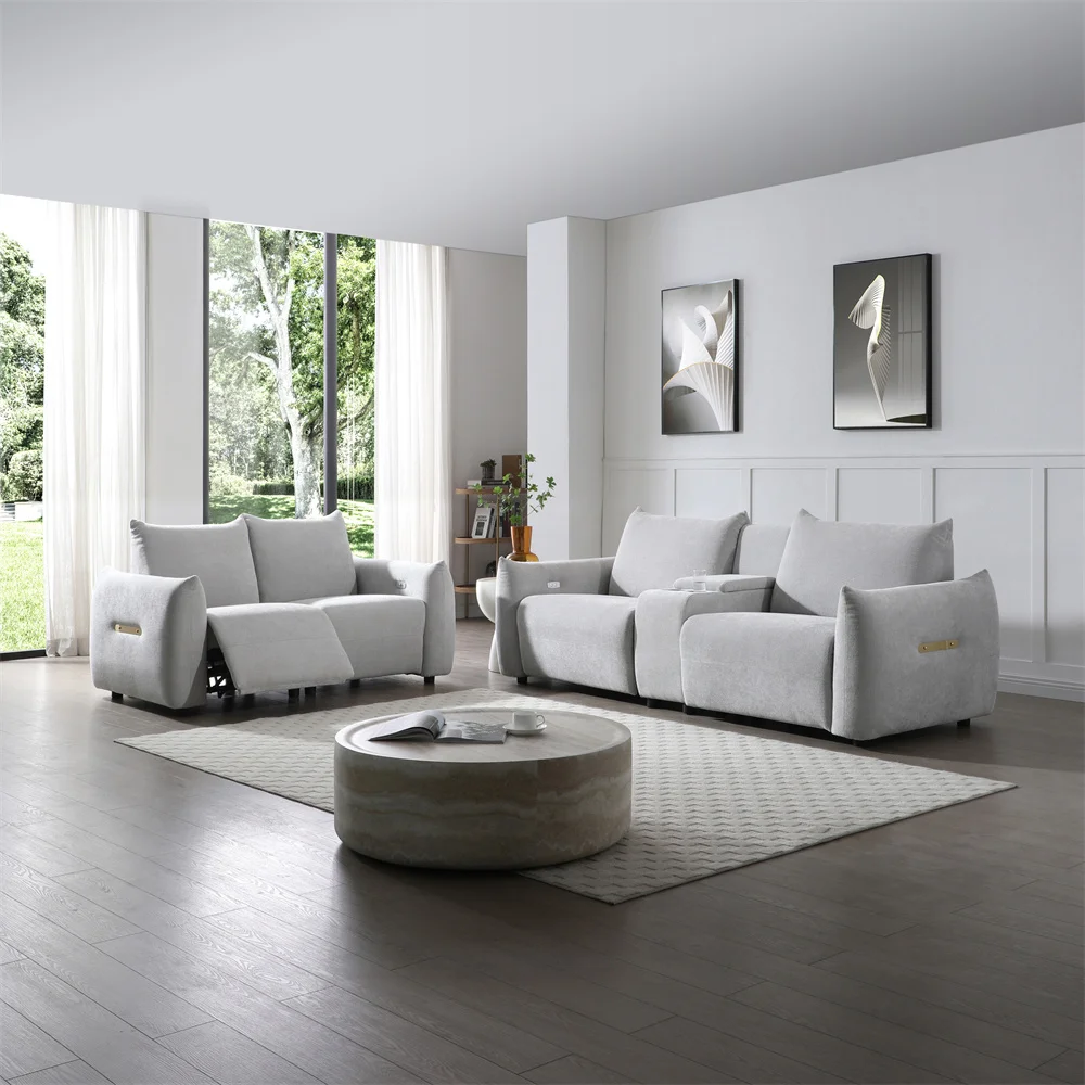 #￥3+2 Seat Power Recliner Sofa Set Living Room Electric Fabric Reclining Chairs Couch Set with USB Storage Console Cup Holder