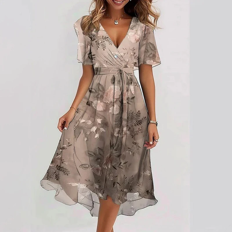 Spring Floral Print Chiffon Women Dresses Elegant V Neck Draped A-Line Party Dress Summer Short Sleeve High-waist Office Dresses