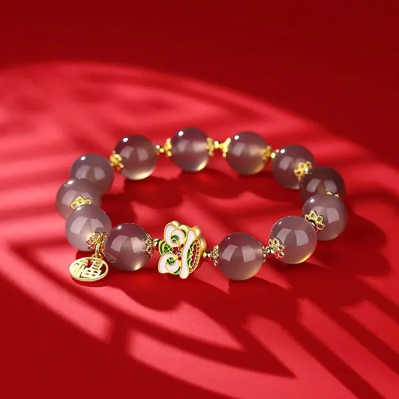 Chinese Style Awaken Lion Agate Simple Round Bead Single Circle Bracelet Female Niche Design Auspicious Girlfriend Handstring