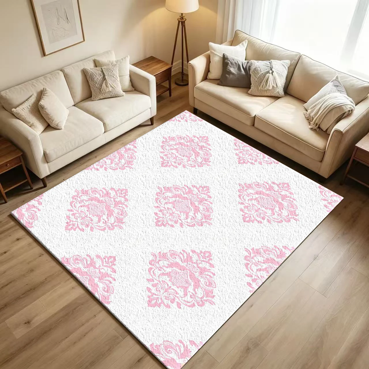Pink Damask Baroque Carpet Flooring Elegant Ornamental Scroll Floral Seamless Pattern Printed Floor Rug for Household Indoor Romantic Home Decoration