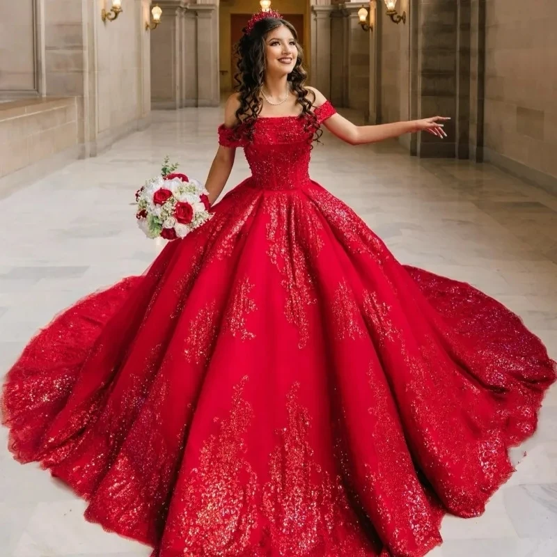 

Red Ball Gown Beaded Quinceanera Es Lace Appliqued Prom Gowns Sequined Off The Shoulder Neckline Tulle Sweet 15 Masquerade