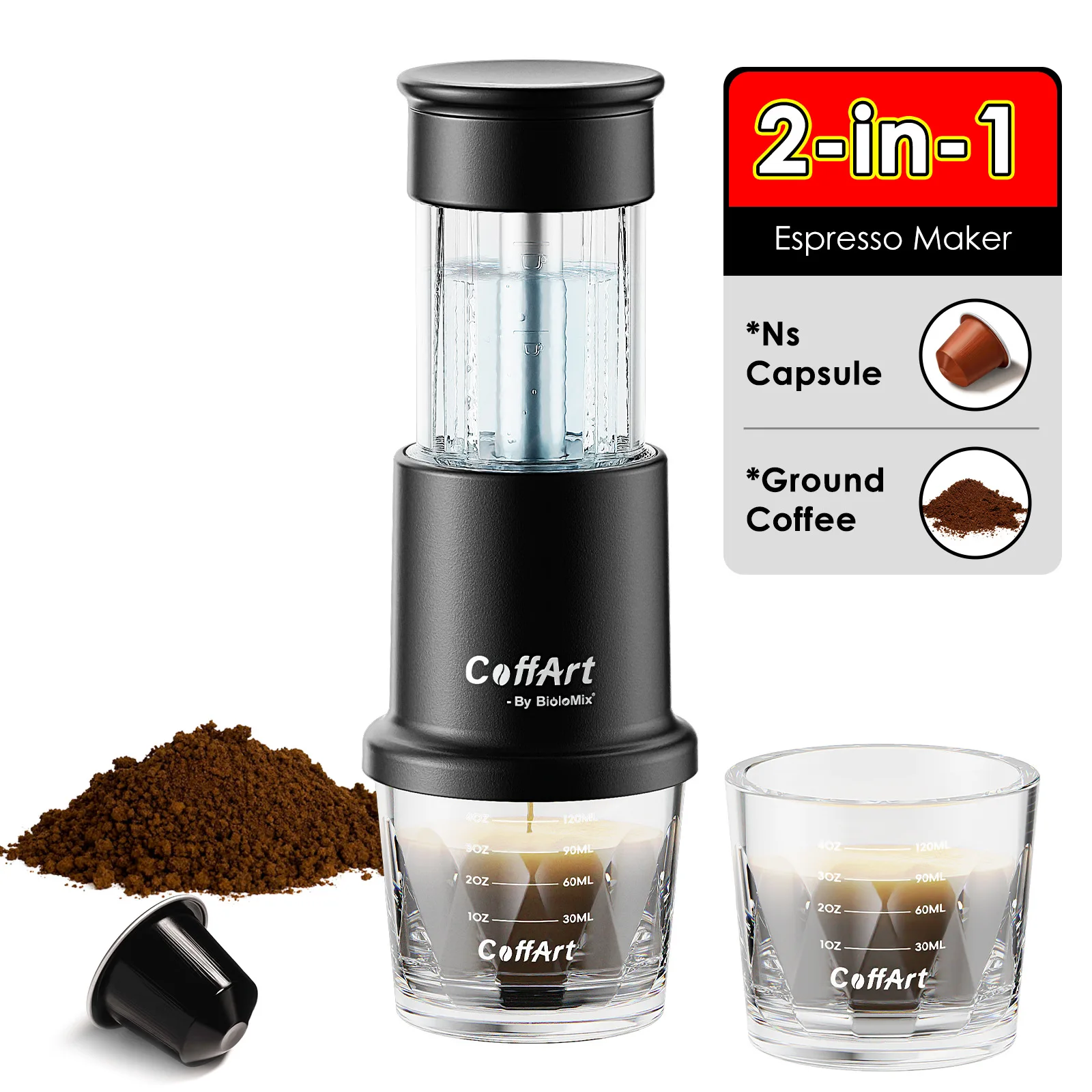 

2-in-1 Portable Manual Espresso Coffee Maker Compatible with Capsules Ground Coffee for Outdoor Travel Camping Hiking Hand Press
