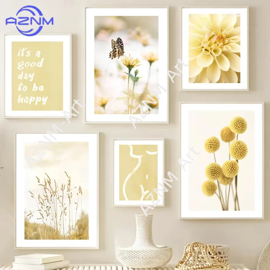 1 Stück/6 Stück Gelbe Dahlie Sonnenblume Orchidee Schmetterling Beige Wandkunst Leinwandmalerei Nordische Poster und Drucke für Wohnzimmerdekoration