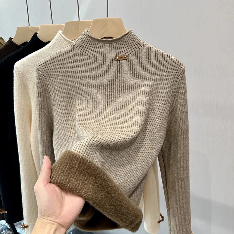 Half High Collar Plus Velvet Slim Warm Pullover Sweater Women Solid Color All-match Soft Knitted Sweater Korean Fashion Soft Top