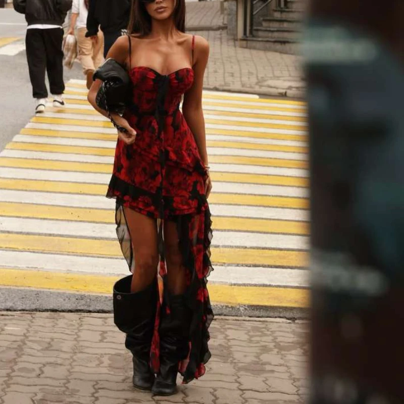 Sexy mesh off-shoulder backless printjurk streetwear rode slim-fit staartjurk trein clubwear feest prom vakantie maxi-jurk