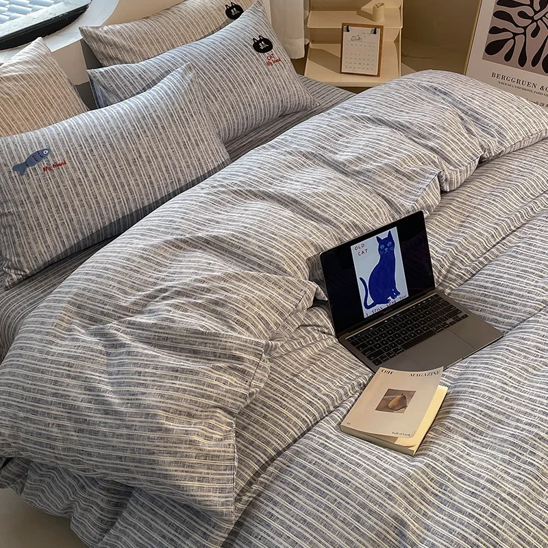 Cartoon Cotton-Linen Embroidery Bedding Sets High Quality Naked Sleeping Super Soft Bedsheet Set Queen King Quilt Kit for Adults