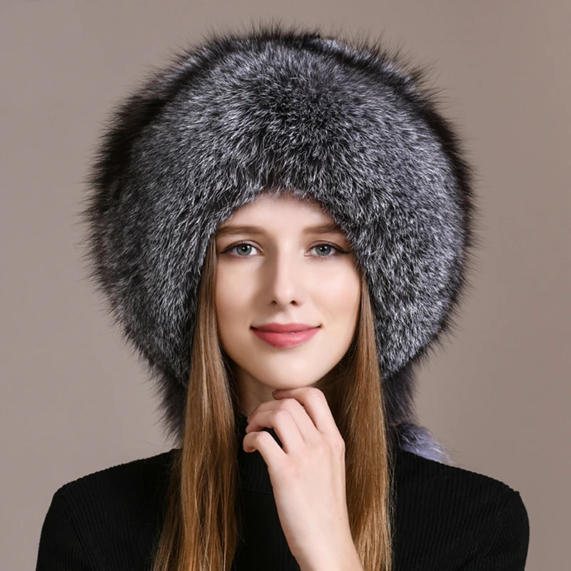 Winter Warm Women Russian Raccoon Royal Fur Caps Fox fur Hat Dome Mongolian Hat Fur Hat Luxury Lady Natural Fox Fur Bomber Hat