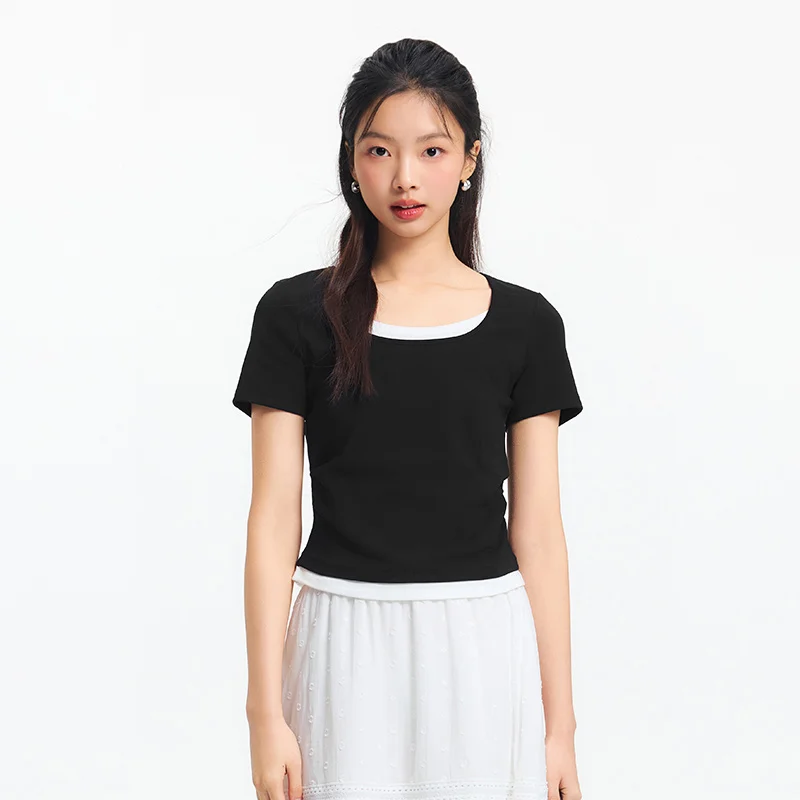Semir Short Sleeve T-Shirt Women Cropped Fake Two-Piece Versatile 2025 New Summer Slim Fit U Neck Top Slimming for Chic Style image 4