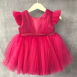 Toddler Baby 1st Birthday Princess Dress Ruffles Elegant Girls Wedding Party Dresses Pink Tulle Bow Baby Girl Summer Clothing