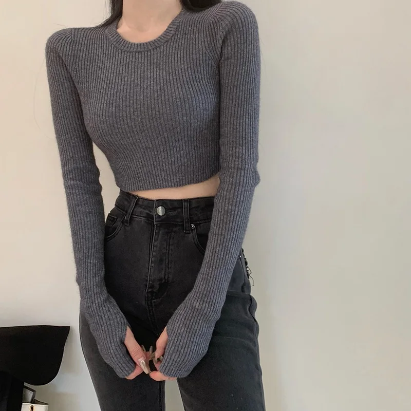 

Женские зимние укороченные топы с круглым вырезом, свитер с длинным рукавом, Осенние облегающие вязаные топы, Дамский обтягивающий базовый пуловер