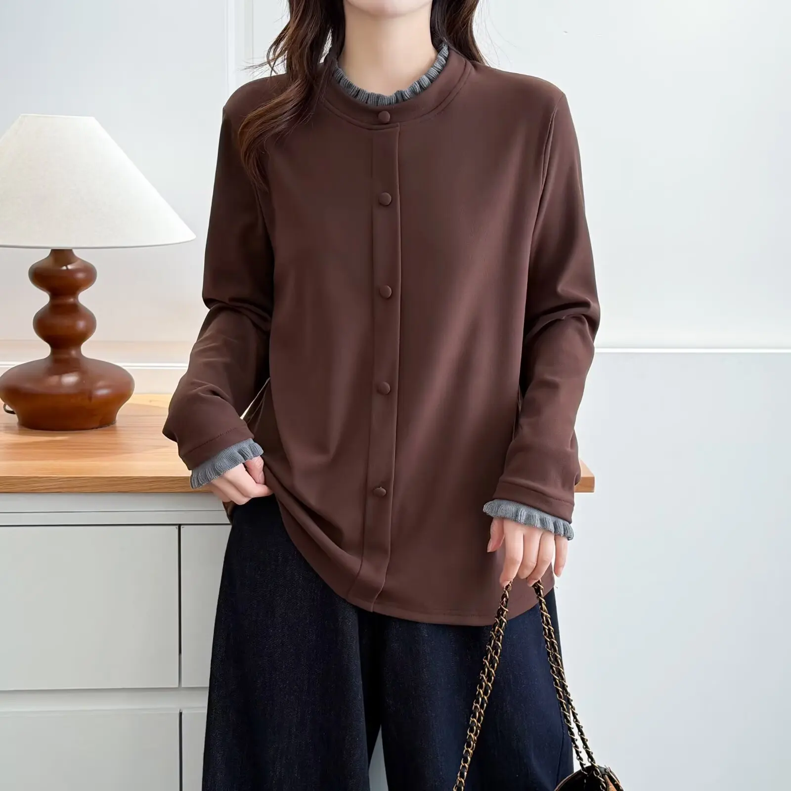 XXXXL موضة حجم كبير تي شيرت المرأة الخريف الشتاء دي المخملية كتلة دافئة اللون تكدرت طوق كم طويل قاعدة القمم 984 #3