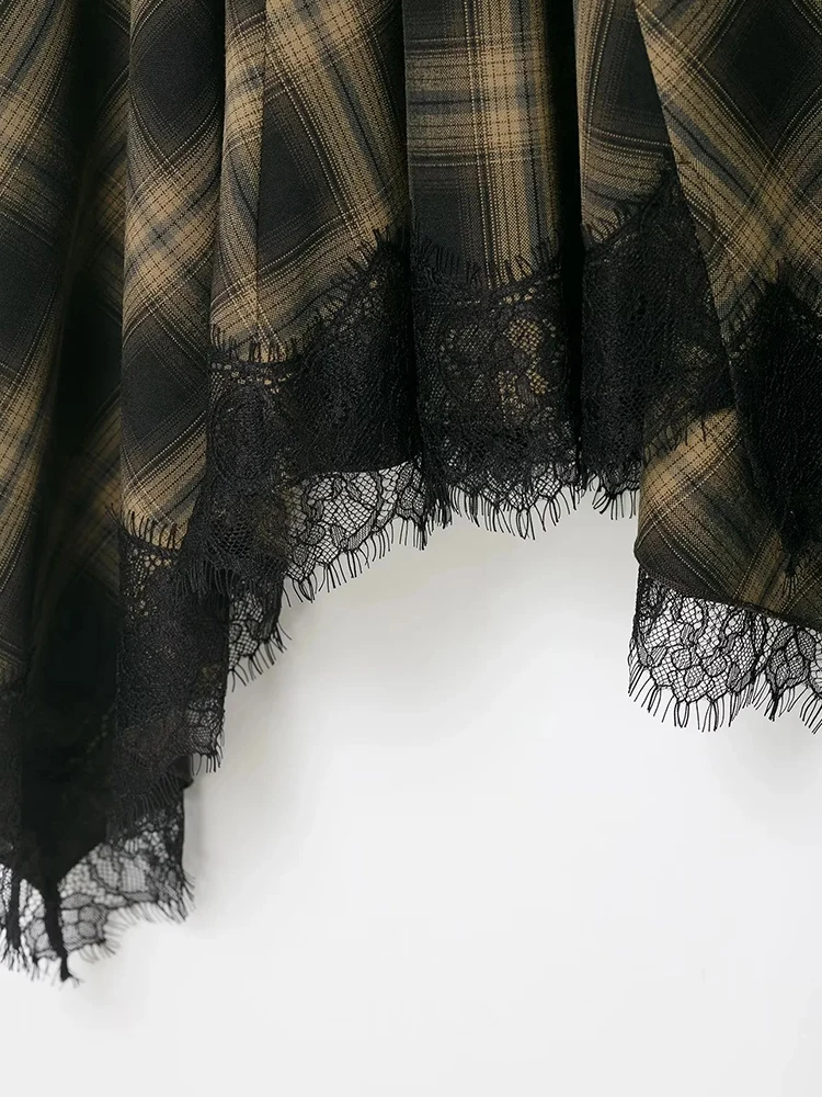Women New Plaid Lace Long Skirts Loose Pleated Buttons High Waist A-line Female Skirt Autumn Lady Skirts