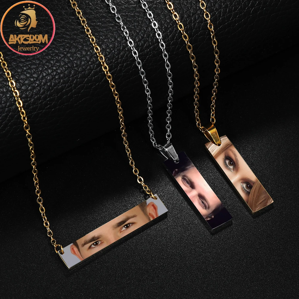 

Akizoom Custom Eye Photo Name Bar Pendant Necklace Stainless Steel Personalized Picture Letter Chain for Woman Man Jewelry Gift