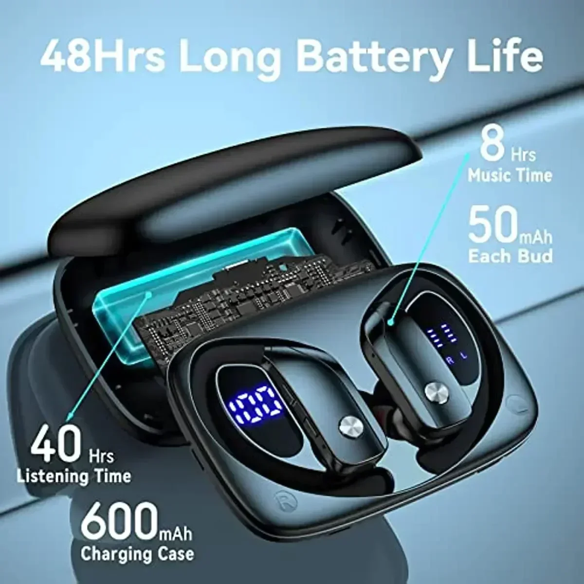 

Wireless Earbuds Bluetooth Over-Ear Buds with Earhooks Built-in Mic 48hrs Play Back Headphones with LED Display Sport Earphones