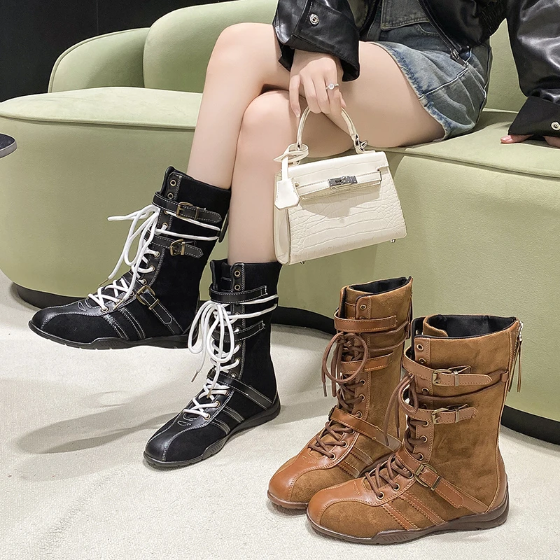 

Ретро ремень с пряжкой и украшением в стиле вестерн, зимние модные повседневные женские ботинки на молнии с круглой головкой и плоской подошвой