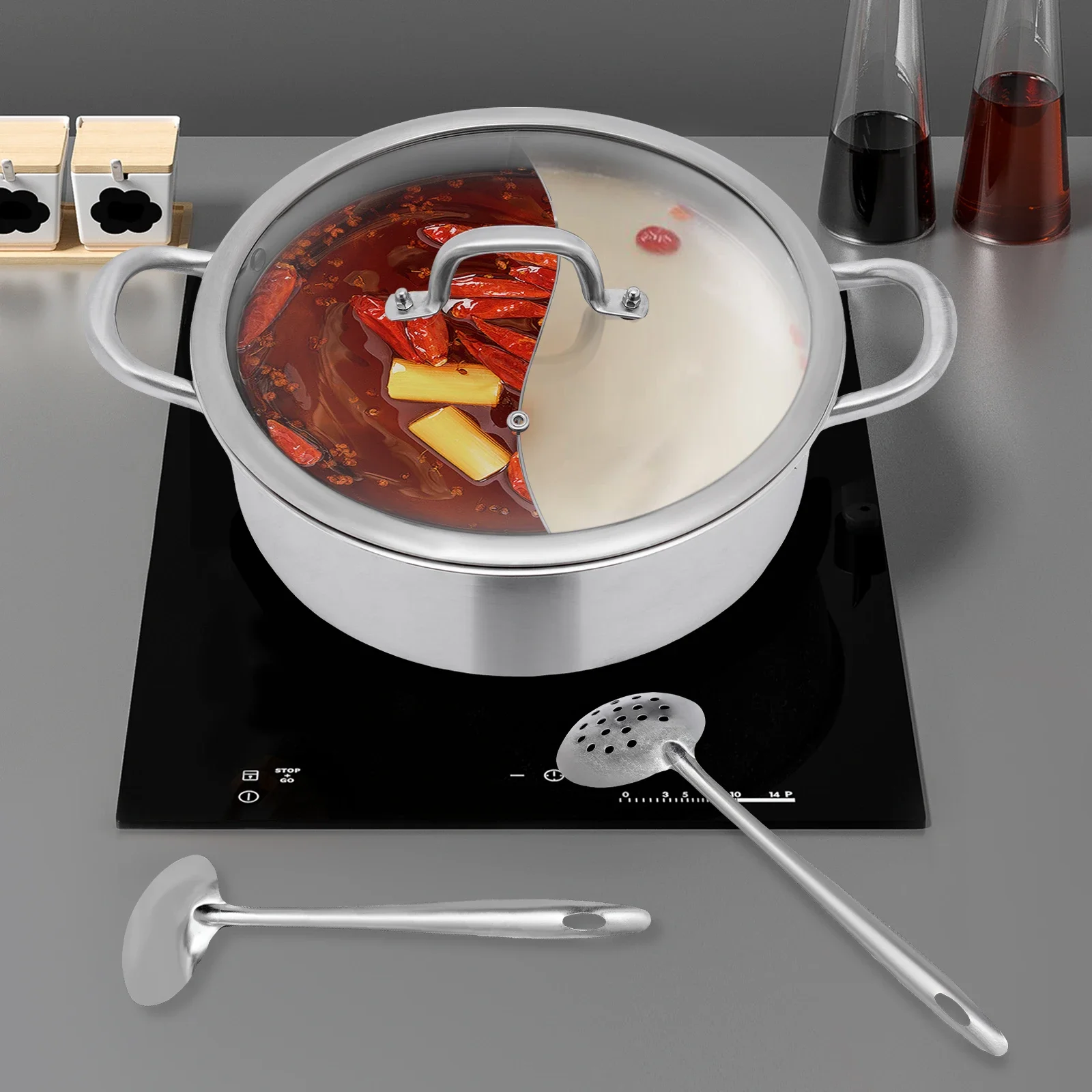 

12.6-inch 304 Stainless Steel Divided Pot – Dual-Compartment Hot Pot with Soup Spoon & Strainer hot pot chafing dish