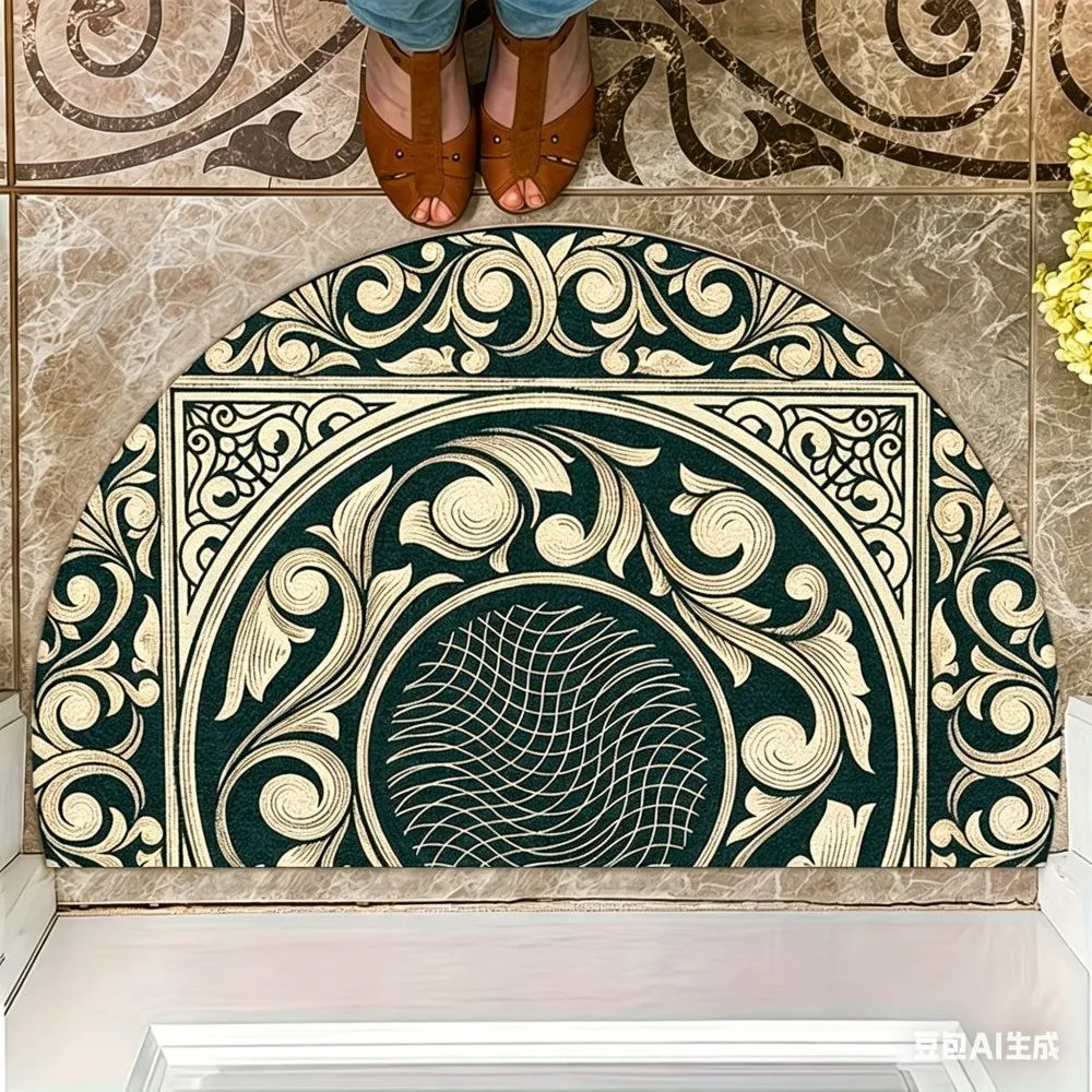 European Vintage Pattern Half Round Doormat Non-Slip Entrance Rug Washable Semi-Circle Floor Mat for Front Door Bedroom Rug