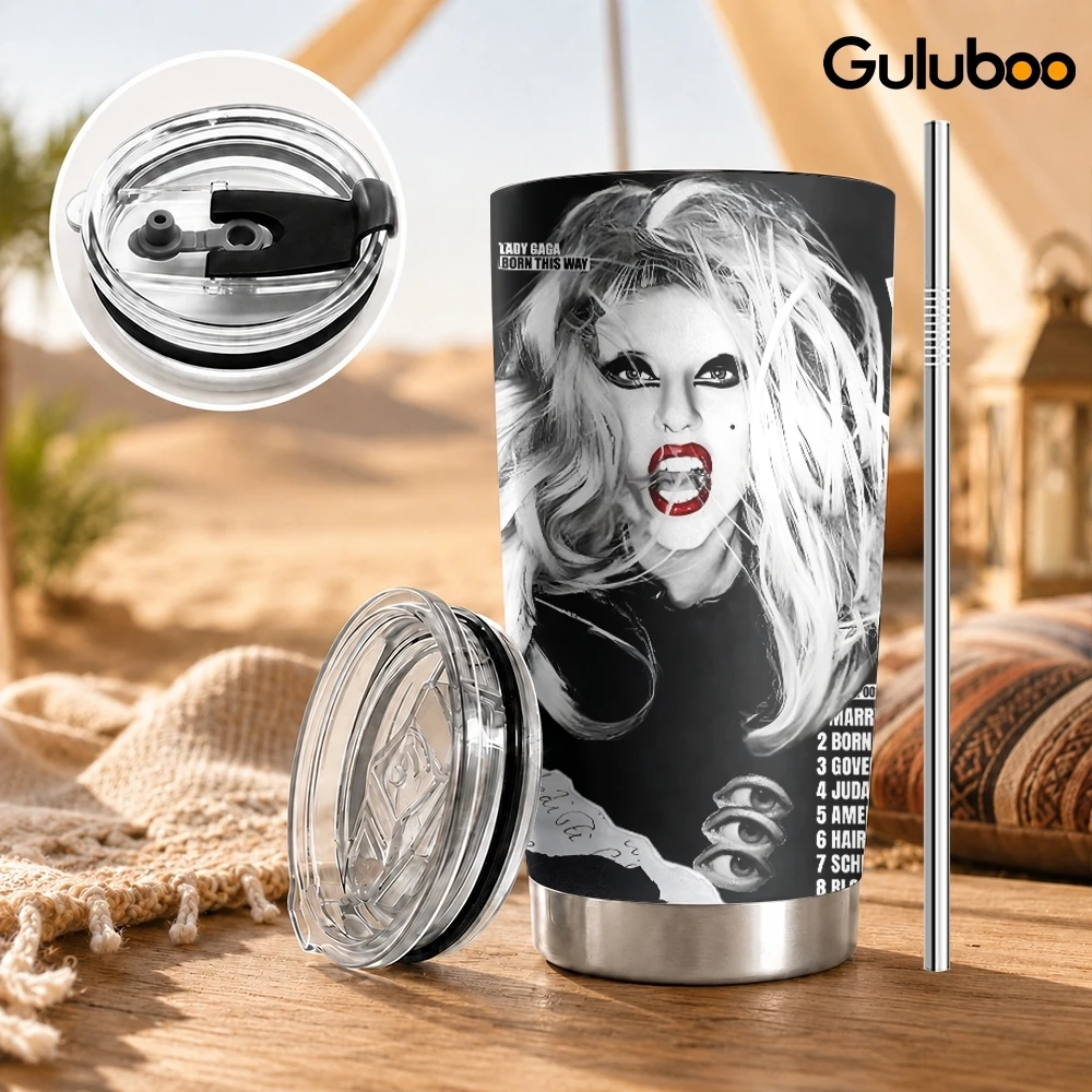 Singer L-lady Gaga Vacuum Flasks 20oz Insulated Coffee Tumbler with 2 Lids Reusable Straw Wall Stainless Steel Cup
