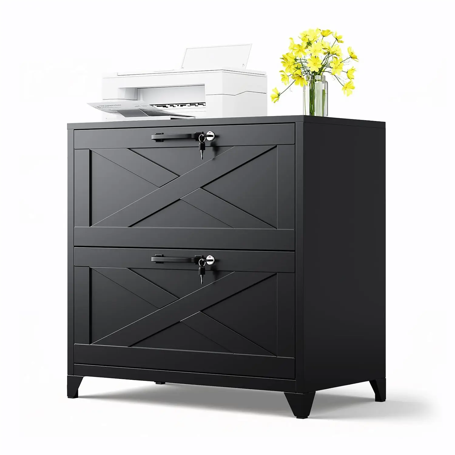 Metal File Cabinet 2 Drawer with Lock, Lateral Filing Storage for Home Office, Letter Legal A4 Size, 16
